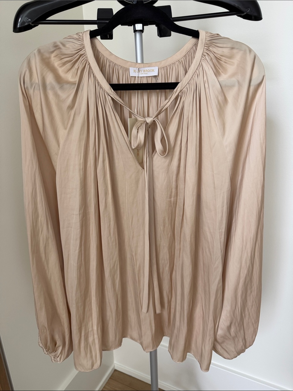 Ramy Brook blush beige tie-front gathered long-sleeve blouse